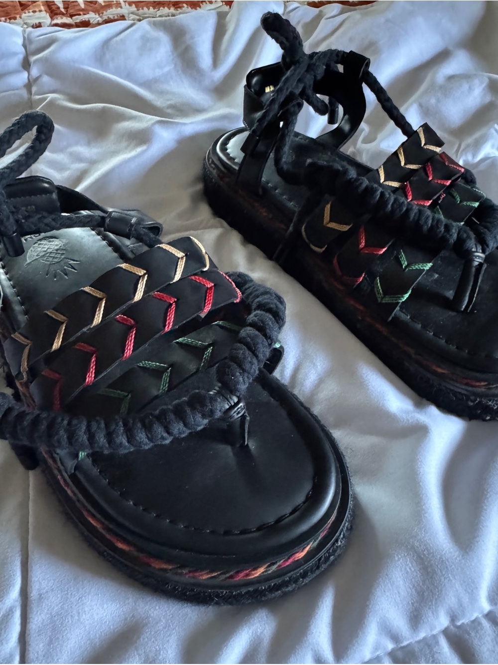 Farm Rio Black Rope Braided Sandals with Multicolor Accent, EUC, sz 9